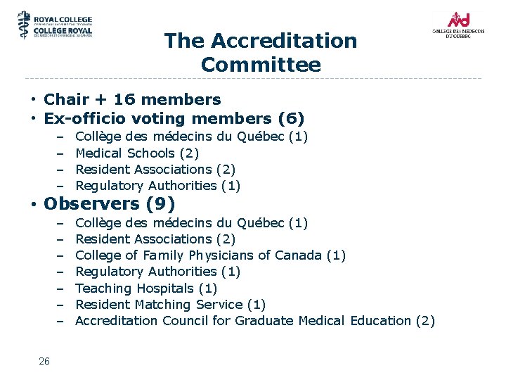 The Accreditation Committee • Chair + 16 members • Ex-officio voting members (6) –