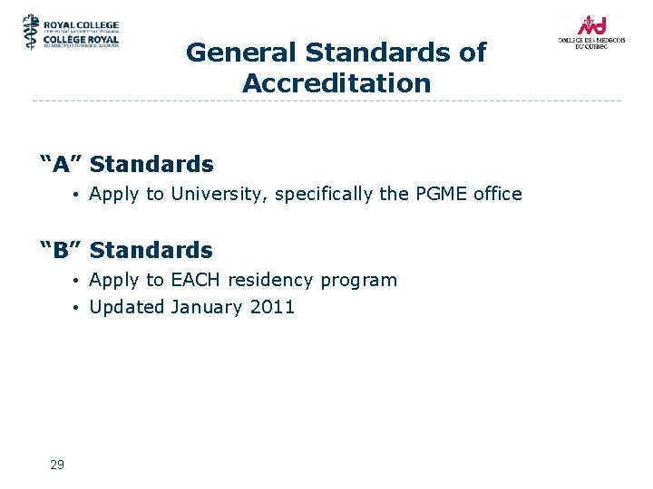 General Standards of Accreditation “A” Standards • Apply to University, specifically the PGME office