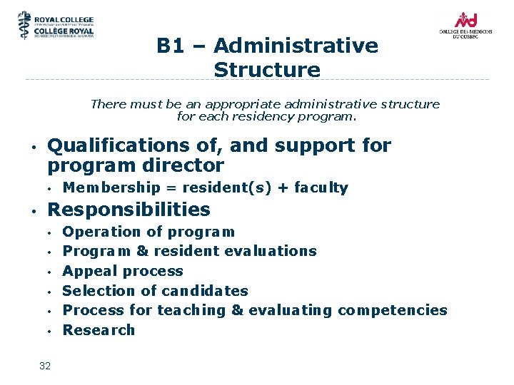 B 1 – Administrative Structure There must be an appropriate administrative structure for each