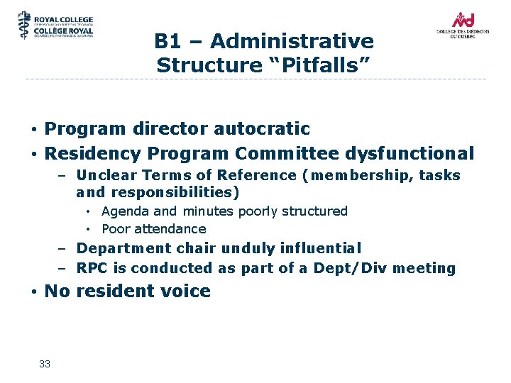 B 1 – Administrative Structure “Pitfalls” • Program director autocratic • Residency Program Committee