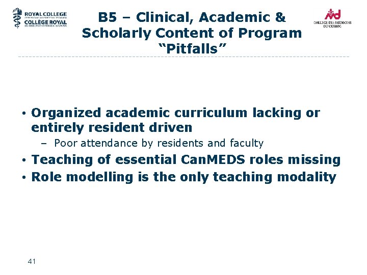 B 5 – Clinical, Academic & Scholarly Content of Program “Pitfalls” • Organized academic