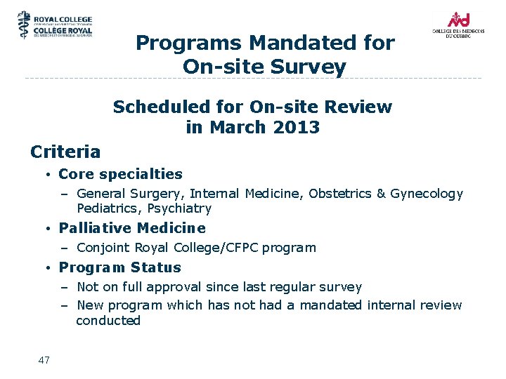 Programs Mandated for On-site Survey Scheduled for On-site Review in March 2013 Criteria •