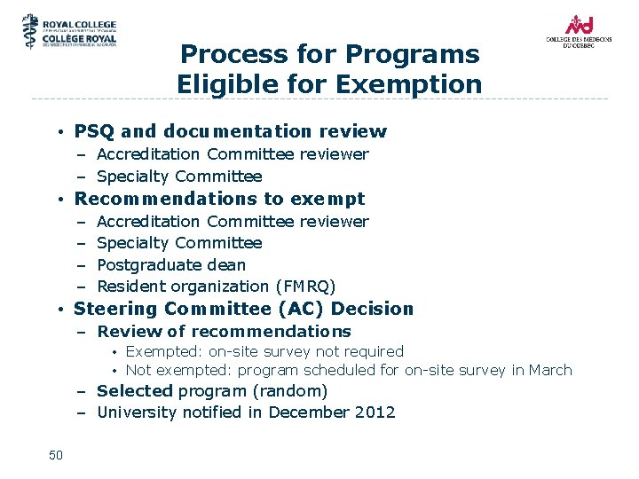 Process for Programs Eligible for Exemption • PSQ and documentation review – Accreditation Committee