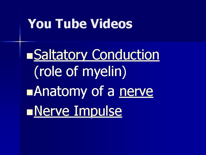 You Tube Videos n Saltatory Conduction (role of myelin) n Anatomy of a nerve