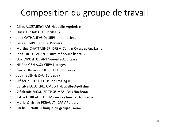 Composition du groupe de travail • • • • Gilles AUZEMERY: ARS Nouvelle-Aquitaine Driss