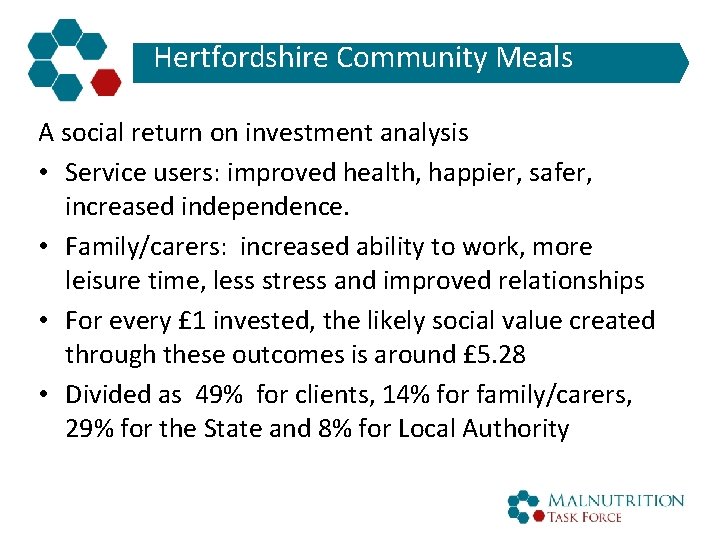 Hertfordshire Community Meals A social return on investment analysis • Service users: improved health,