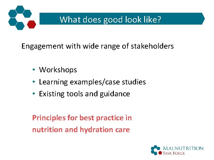 What does good look like? Engagement with wide range of stakeholders • Workshops •