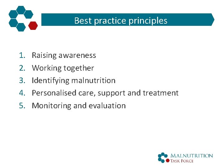 Best practice principles 1. 2. 3. 4. 5. Raising awareness Working together Identifying malnutrition