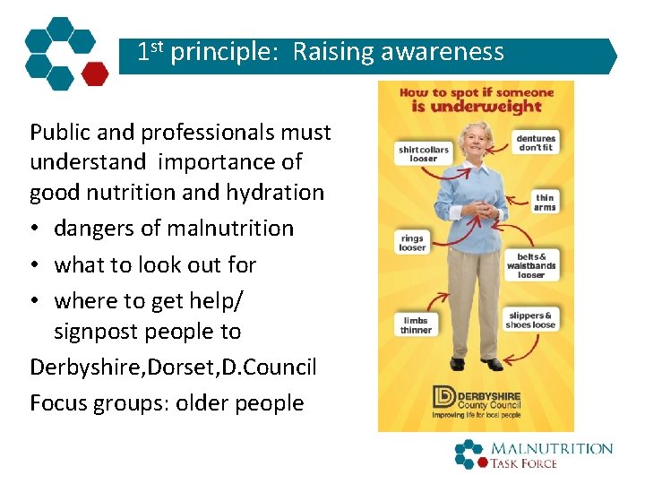 1 st principle: Raising awareness Public and professionals must understand importance of good nutrition