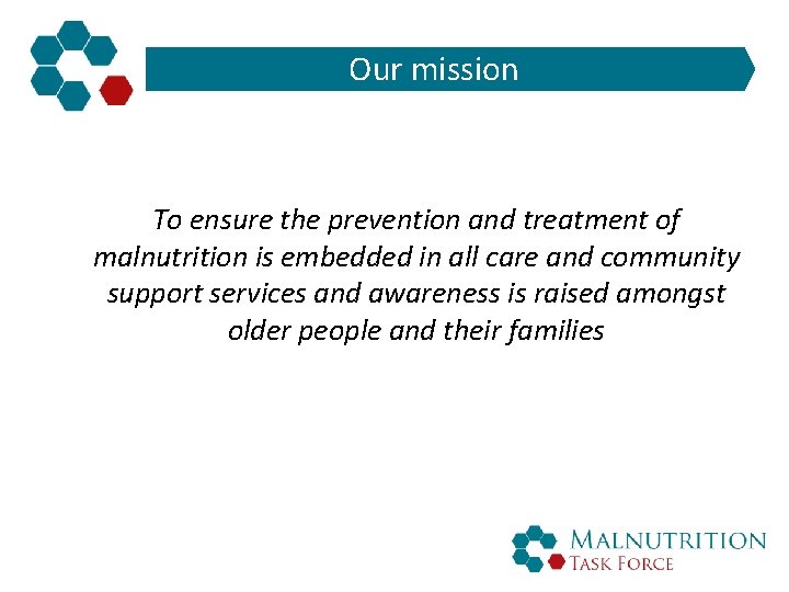 Our mission To ensure the prevention and treatment of malnutrition is embedded in all