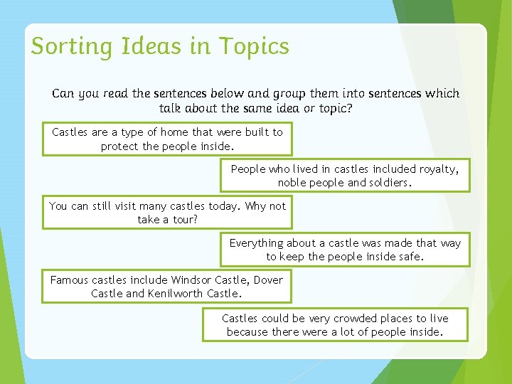 Sorting Ideas in Topics Can you read the sentences below and group them into