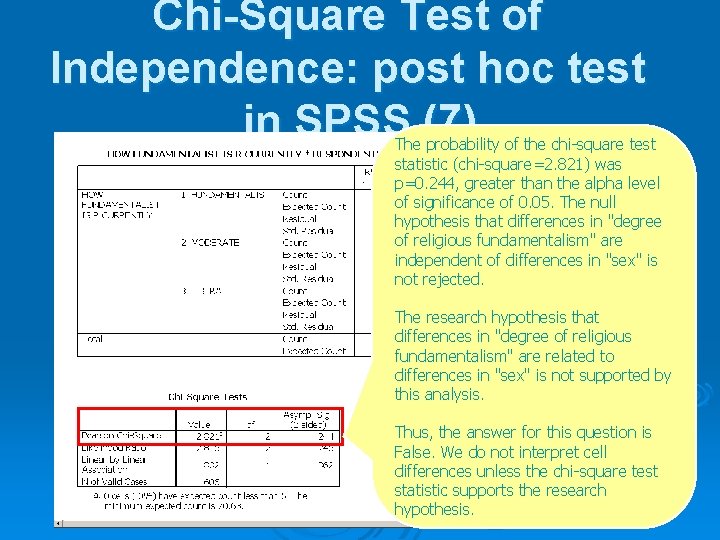 Chi-Square Test of Independence: post hoc test in SPSS (7) The probability of the