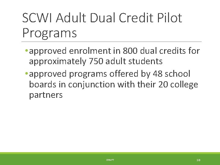 SCWI Adult Dual Credit Pilot Programs • approved enrolment in 800 dual credits for