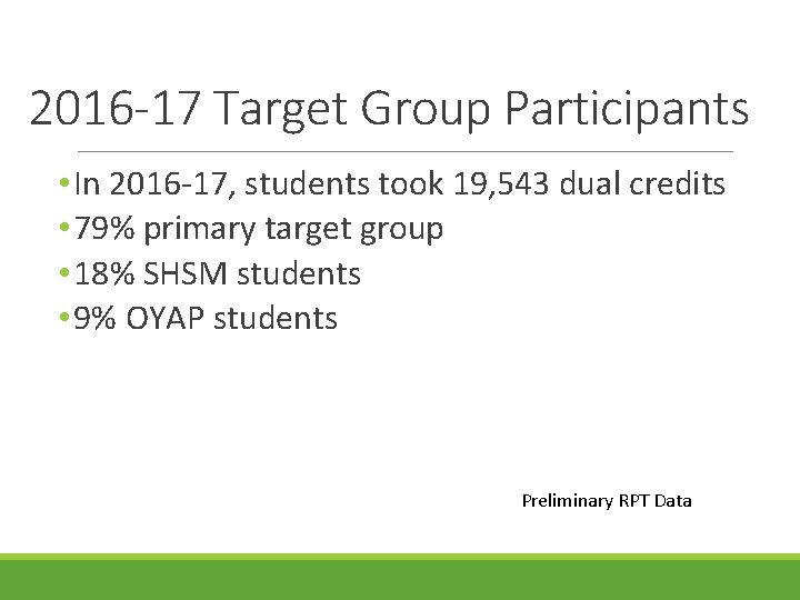 2016 -17 Target Group Participants • In 2016 -17, students took 19, 543 dual