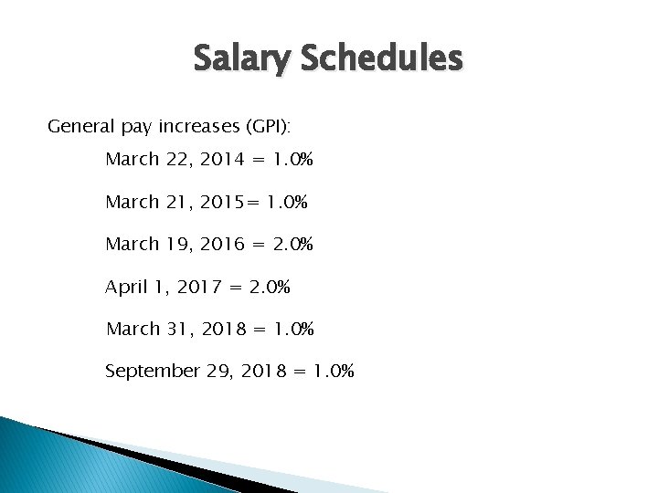 Salary Schedules General pay increases (GPI): March 22, 2014 = 1. 0% March 21,