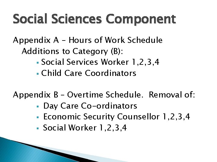 Social Sciences Component Appendix A – Hours of Work Schedule Additions to Category (B):