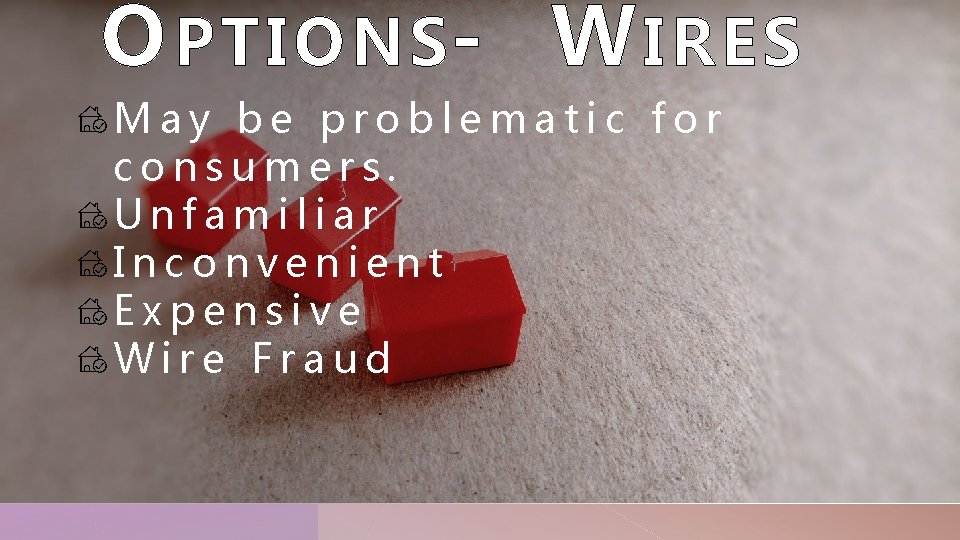 O PTIONS- W IRES May be problematic for consumers. Unfamiliar Inconvenient Expensive Wire Fraud
