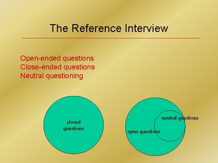 The Reference Interview Open-ended questions Close-ended questions Neutral questioning closed questions neutral questions open