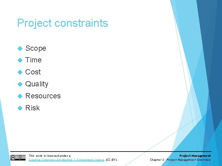 Project constraints Scope Time Cost Quality Resources Risk This work is licensed under a