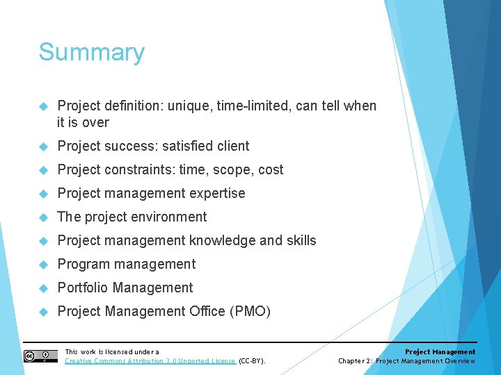 Summary Project definition: unique, time-limited, can tell when it is over Project success: satisfied