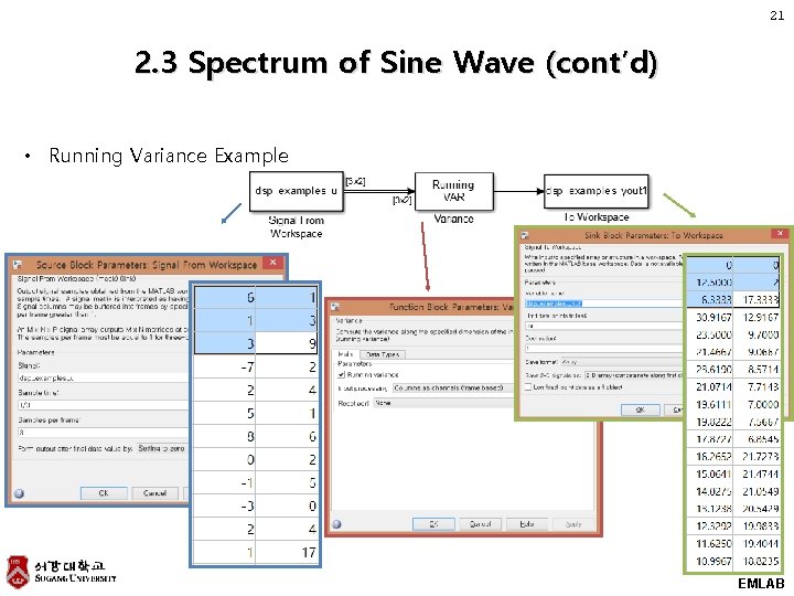 21 2. 3 Spectrum of Sine Wave (cont’d) • Running Variance Example EMLAB 