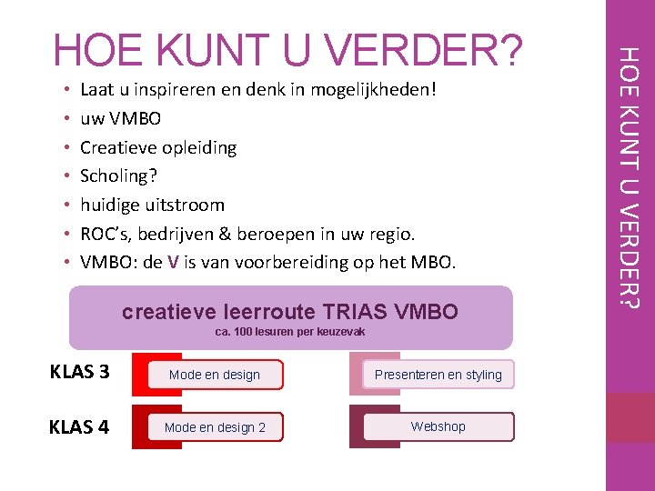  • • Laat u inspireren en denk in mogelijkheden! uw VMBO Creatieve opleiding