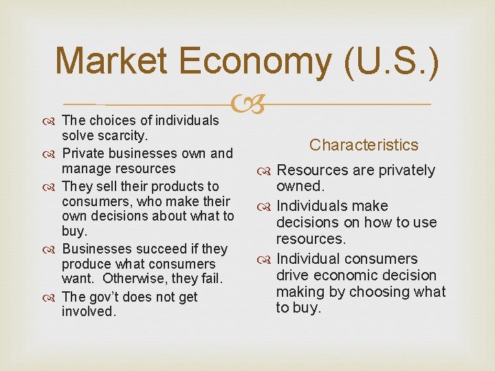 Market Economy (U. S. ) The choices of individuals solve scarcity. Private businesses own