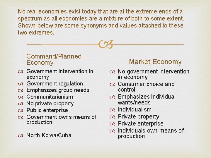 No real economies exist today that are at the extreme ends of a spectrum