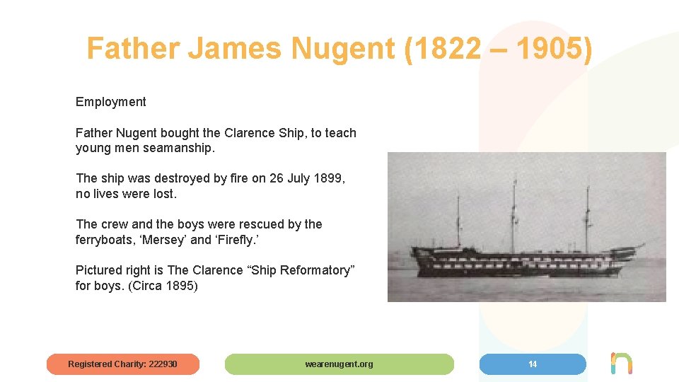 Father James Nugent (1822 – 1905) Employment Father Nugent bought the Clarence Ship, to