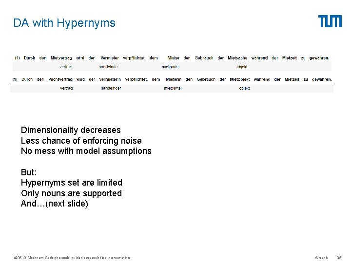 DA with Hypernyms Dimensionality decreases Less chance of enforcing noise No mess with model DA with Hypernyms Dimensionality decreases Less chance of enforcing noise No mess with model