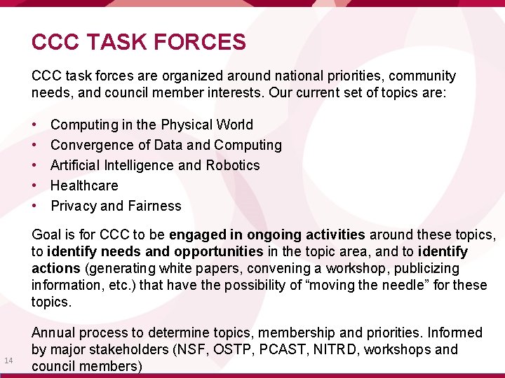 CCC TASK FORCES CCC task forces are organized around national priorities, community needs, and