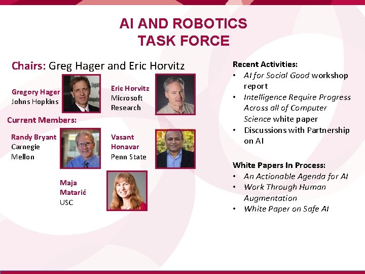 AI AND ROBOTICS TASK FORCE Chairs: Greg Hager and Eric Horvitz Gregory Hager Johns