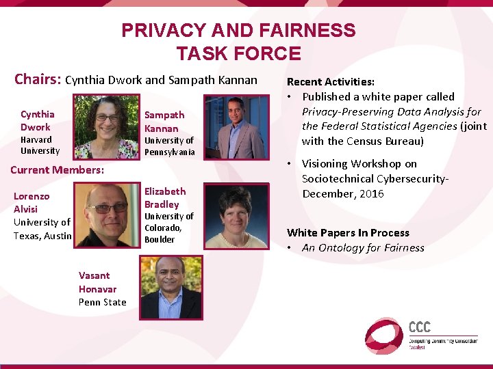 PRIVACY AND FAIRNESS TASK FORCE Chairs: Cynthia Dwork and Sampath Kannan Cynthia Dwork Sampath