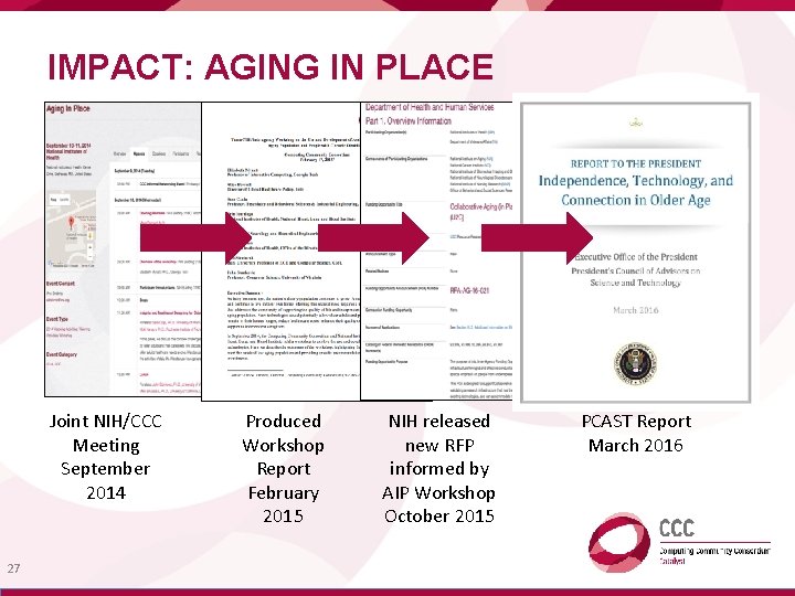 IMPACT: AGING IN PLACE Joint NIH/CCC Meeting September 2014 27 Produced Workshop Report February