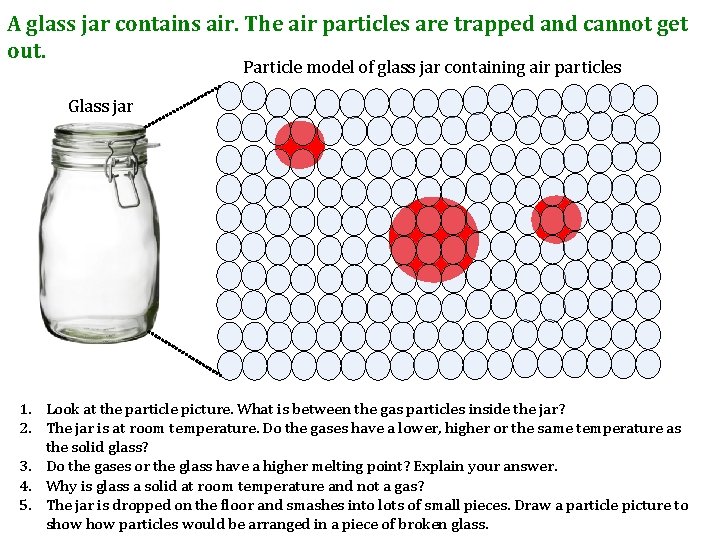 A glass jar contains air. The air particles are trapped and cannot get out.