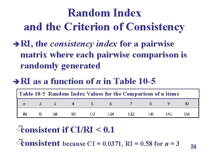 Random Index and the Criterion of Consistency è RI, the consistency index for a