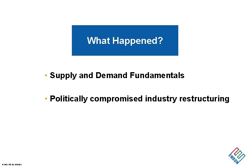 What Happened? • Supply and Demand Fundamentals • Politically compromised industry restructuring © 2001