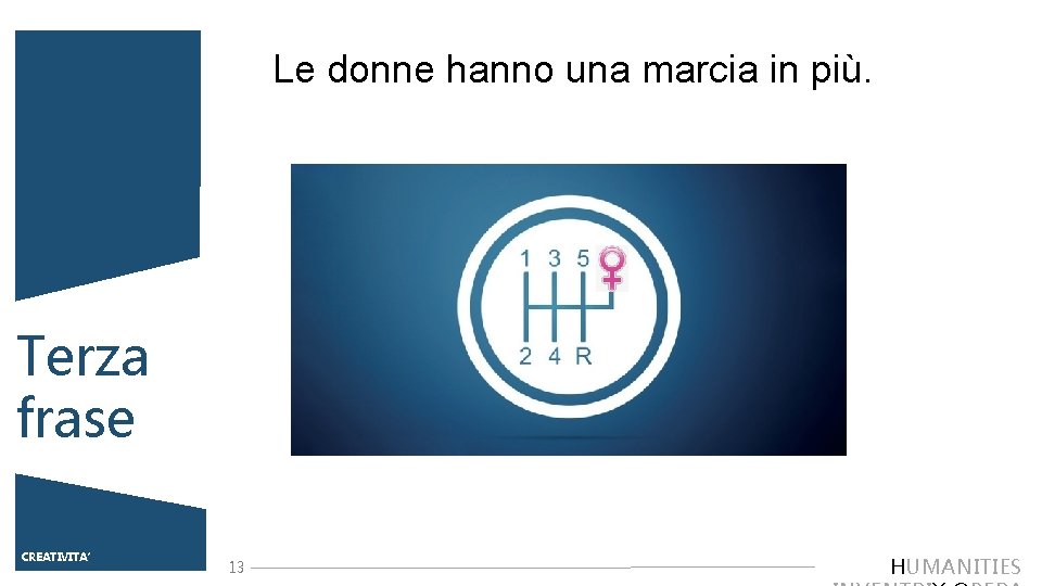 Le donne hanno una marcia in più. Terza frase TITOLO PRESENTAZIONE CREATIVITA’ 13 HUMANITIES