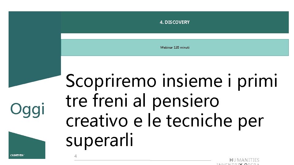 4. DISCOVERY Webinar 120 minuti Oggi CREATIVITA’ Scopriremo insieme i primi tre freni al