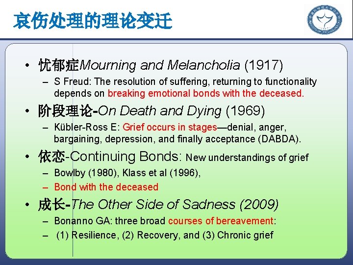 哀伤处理的理论变迁 • 忧郁症Mourning and Melancholia (1917) – S Freud: The resolution of suffering, returning