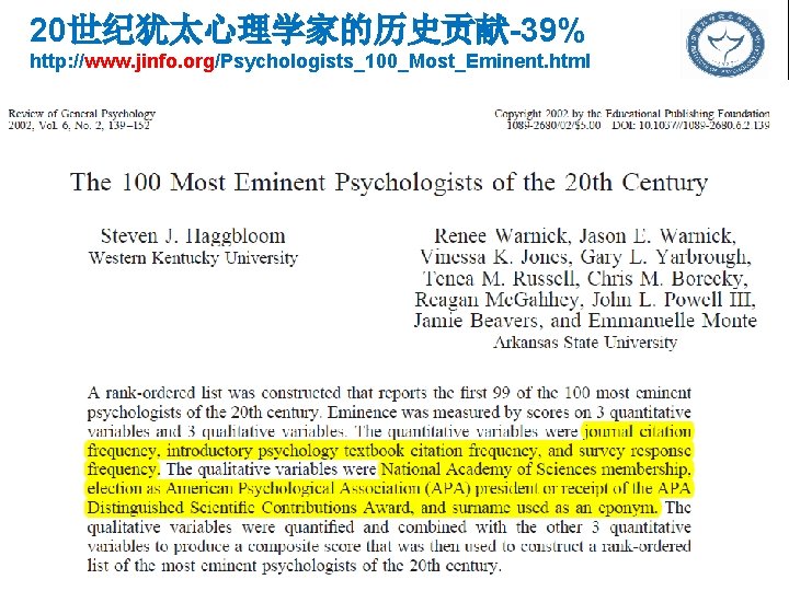 20世纪犹太心理学家的历史贡献-39% http: //www. jinfo. org/Psychologists_100_Most_Eminent. html 
