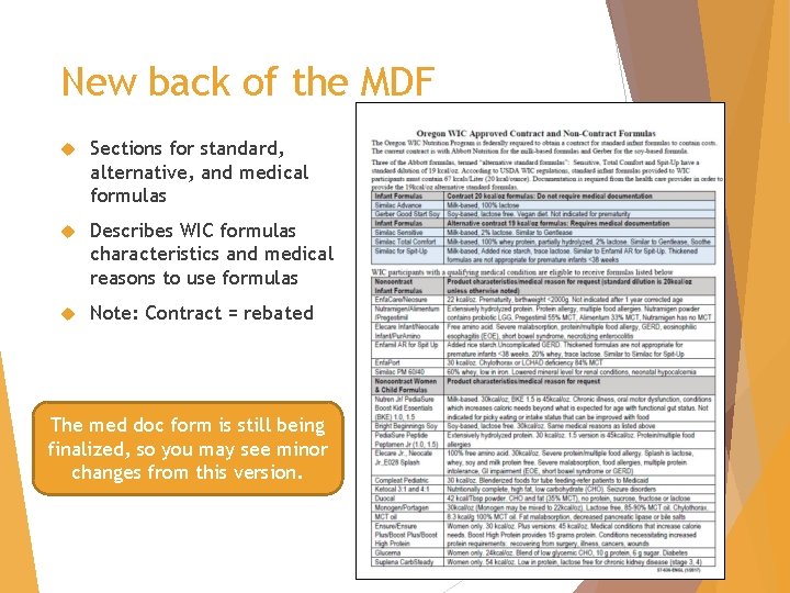 New back of the MDF Sections for standard, alternative, and medical formulas Describes WIC