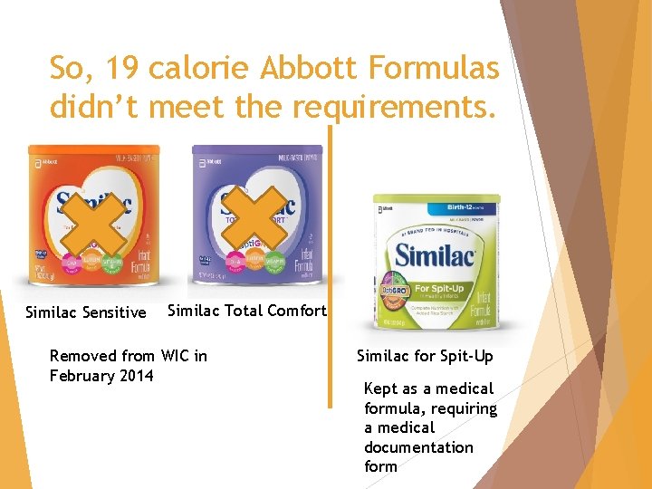 So, 19 calorie Abbott Formulas didn’t meet the requirements. Similac Sensitive Similac Total Comfort