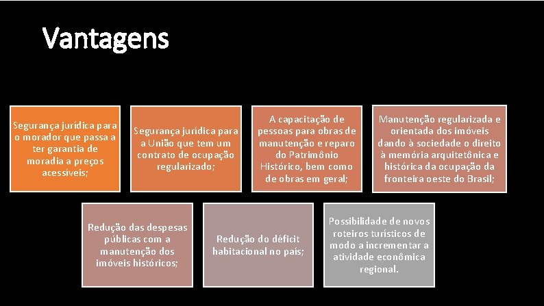 Vantagens Segurança jurídica para o morador que passa a ter garantia de moradia a