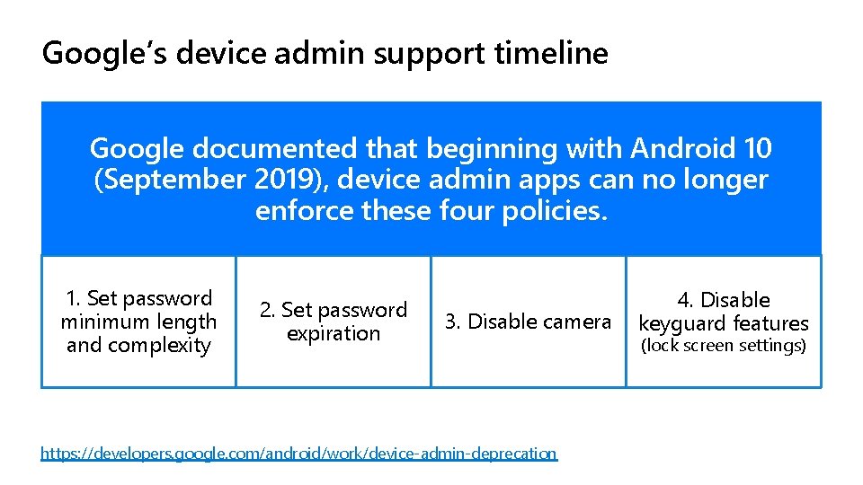 Google’s device admin support timeline Google documented that beginning with Android 10 (September 2019),