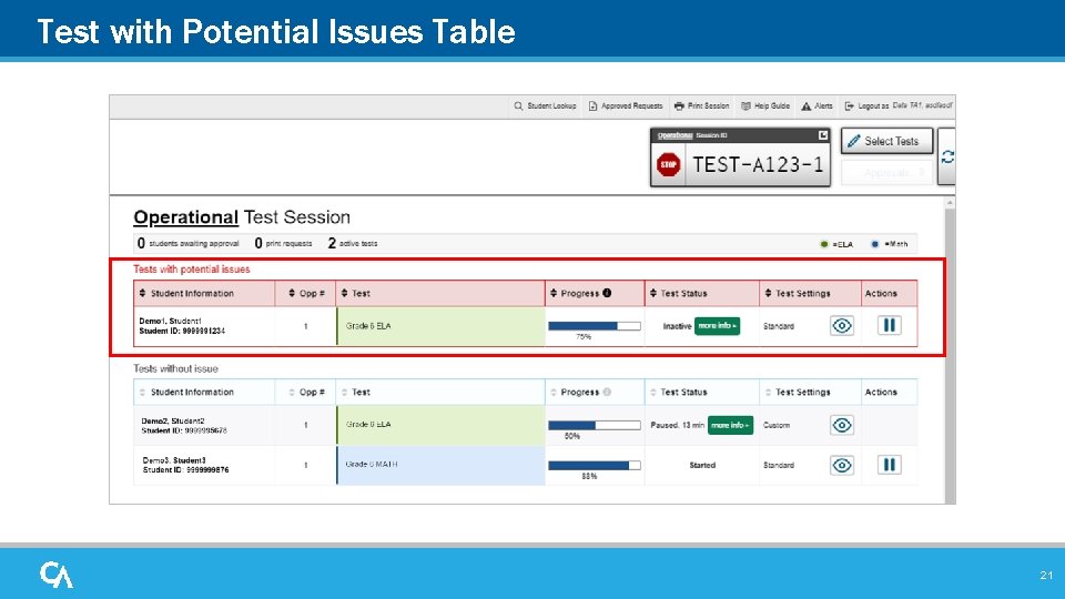 Test with Potential Issues Table 21 Test with Potential Issues Table 21