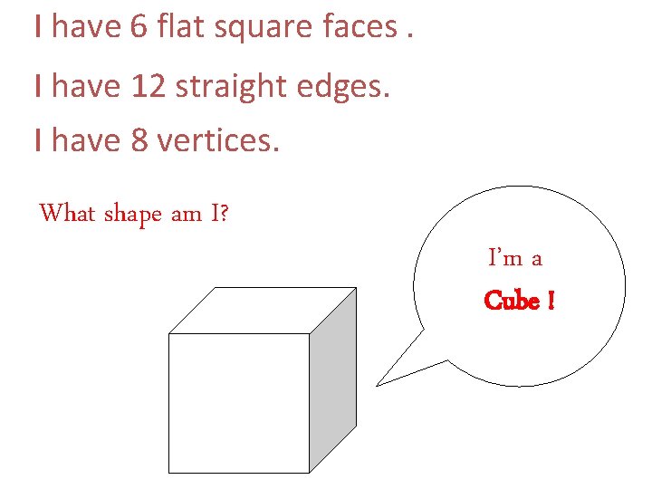 I have 6 flat square faces. I have 12 straight edges. I have 8