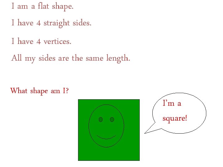 I am a flat shape. I have 4 straight sides. I have 4 vertices.
