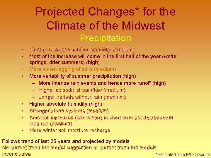 Projected Changes* for the Climate of the Midwest Precipitation • • More (~10%) precipitation