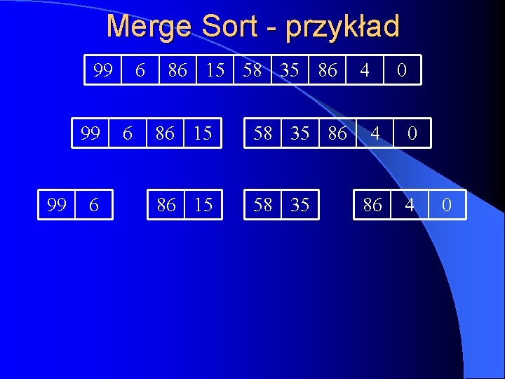 Merge Sort - przykład 99 99 99 6 6 6 86 15 58 35